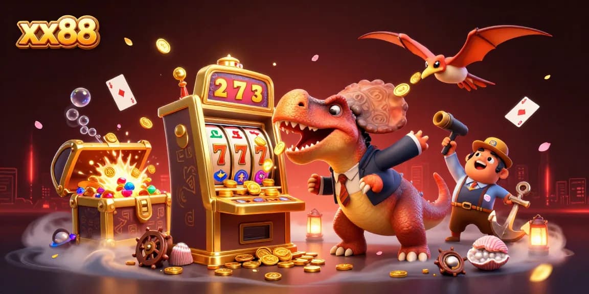 Engage with xx88's exhilarating slot experience as a pachycephalosaurus wins big by headbutting a golden machine.