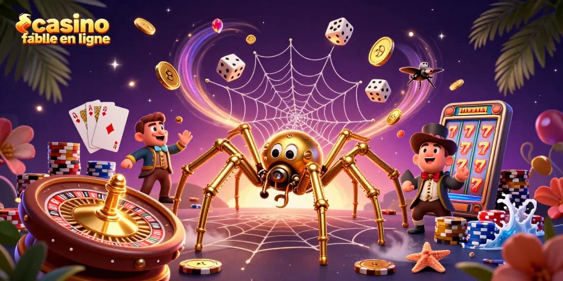 Illustration captivante d'une araignée steampunk dorée explorant un casino fiable en ligne, avec des jetons et des dés.
