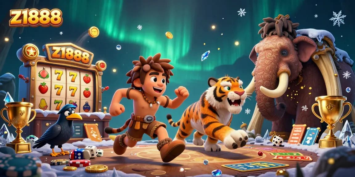 Engage with z1888 at a lively prehistoric casino featuring cavemen and vibrant game elements.
