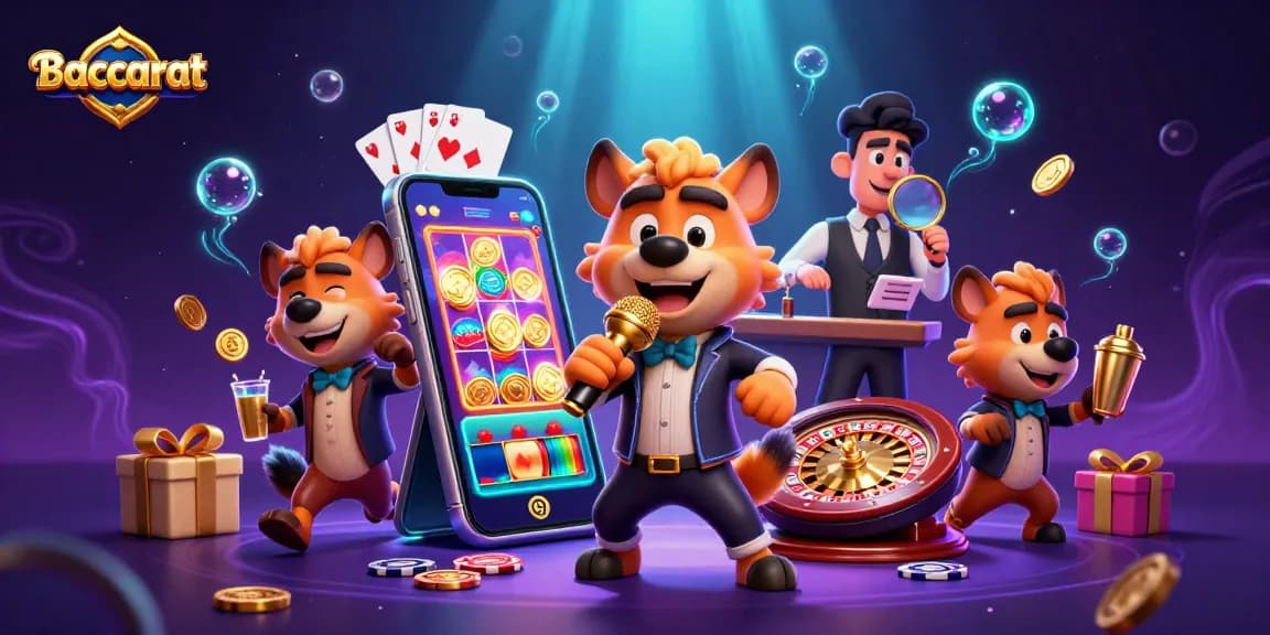 Baccarat gameplay captured with animated hyenas in a casino comedy club scene, featuring vibrant gaming elements.