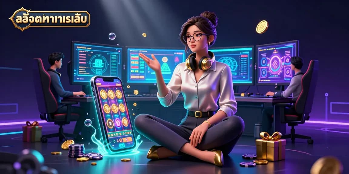 Engage with สล็อตทดลองเล่น through an immersive 3D setup showcasing slot games, chips, and vibrant visuals.