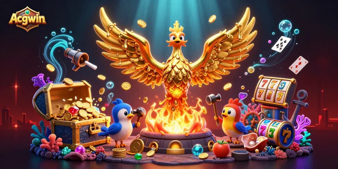 Play slots with Acgwin's powerful phoenix, surrounded by gold treasures and vibrant underwater elements.