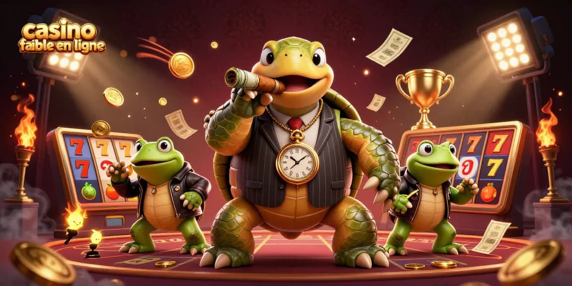 Visualisez un casino fiable en ligne avec une tortue en costume, des grenouilles et des machines à sous.