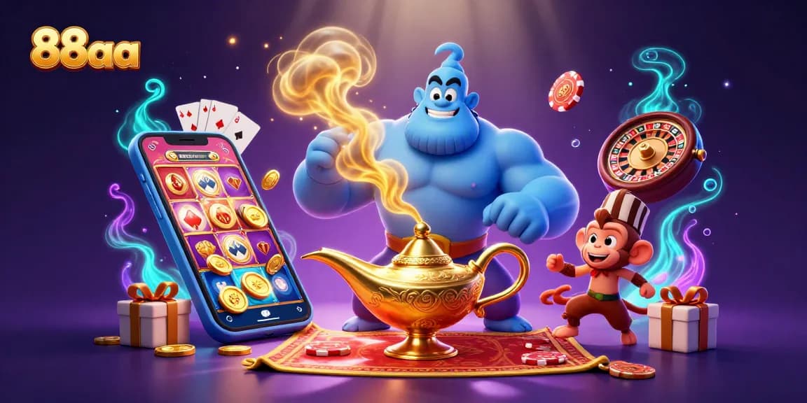 Experience the excitement of 88aa with a colorful scene featuring a genie, monkey, and magical gaming elements.