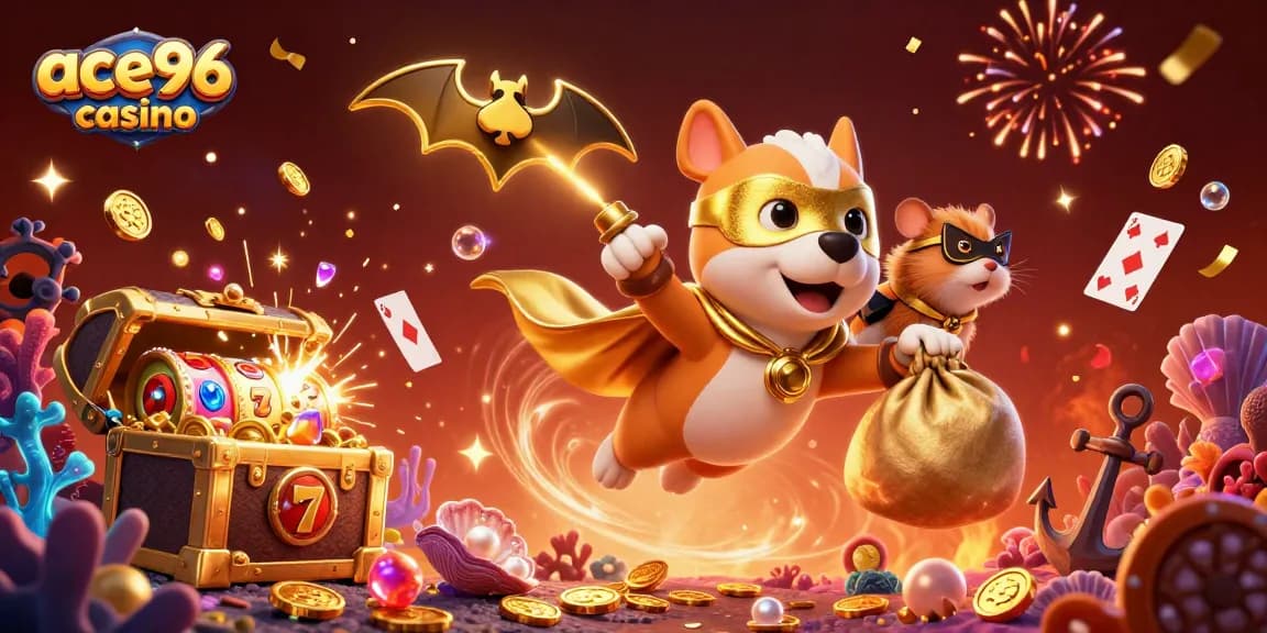 Experience the thrill of ace96 casino with vibrant 3D illustration featuring a superhero dog and hamster amidst a celebration of gaming.