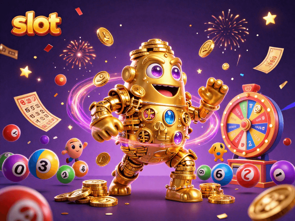 Experience thrilling spins with slot reels and golden golems surrounded by vibrant game elements.