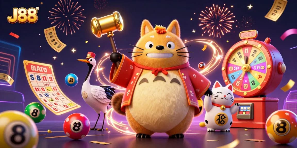 Win big with J88 offerings featuring cheerful tanuki and colorful casino elements in vivid celebration.