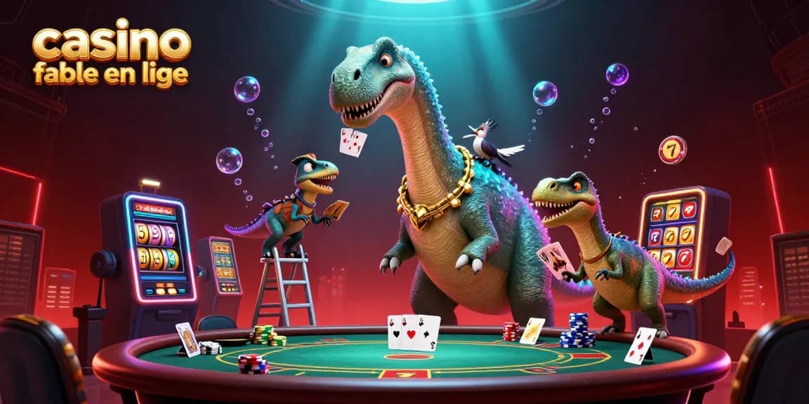 Casino fiable en ligne - Jouez au poker avec un brontosaurus géant et un dealer raptor dans un décor rempli de jeux.