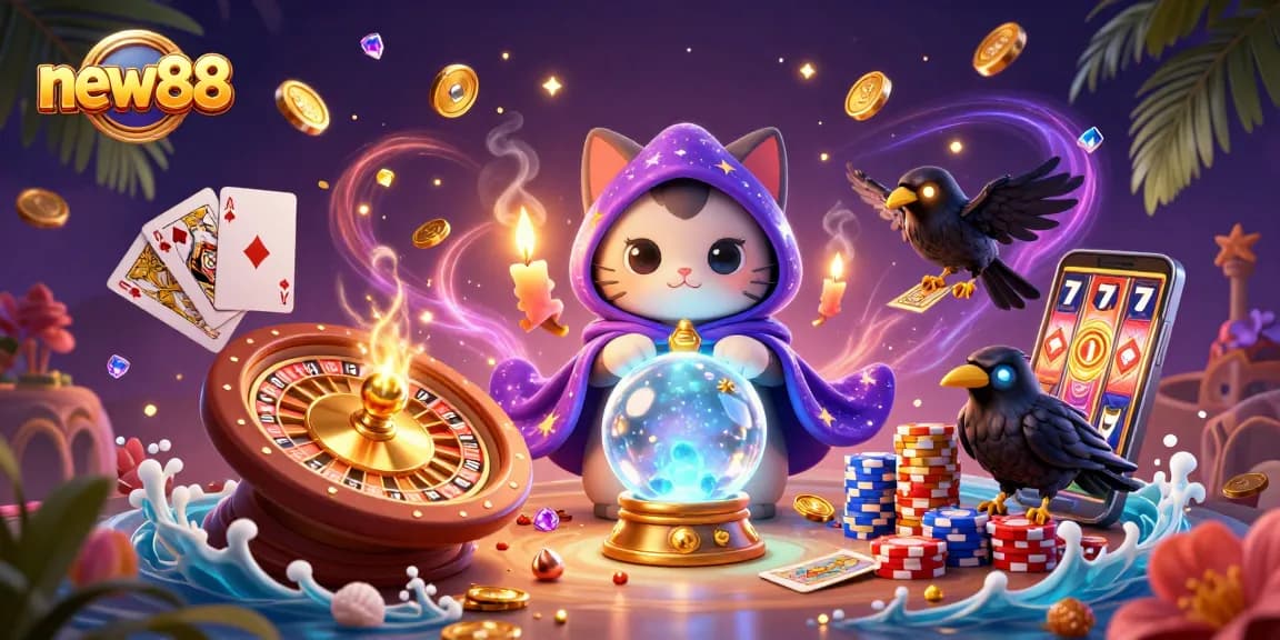 Experience stunning magic with new88's fortune teller and casino elements in an artful 3D scene.
