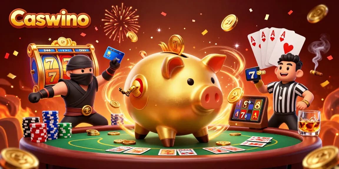 Caswino’s vibrant casino scene features a sumo wrestler piggy bank surrounded by slots, poker chips, and celebratory effects.