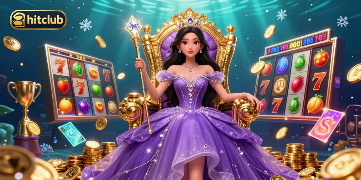 Experience the excitement of hitclub with vibrant slot reels and a beautiful princess in a casino.