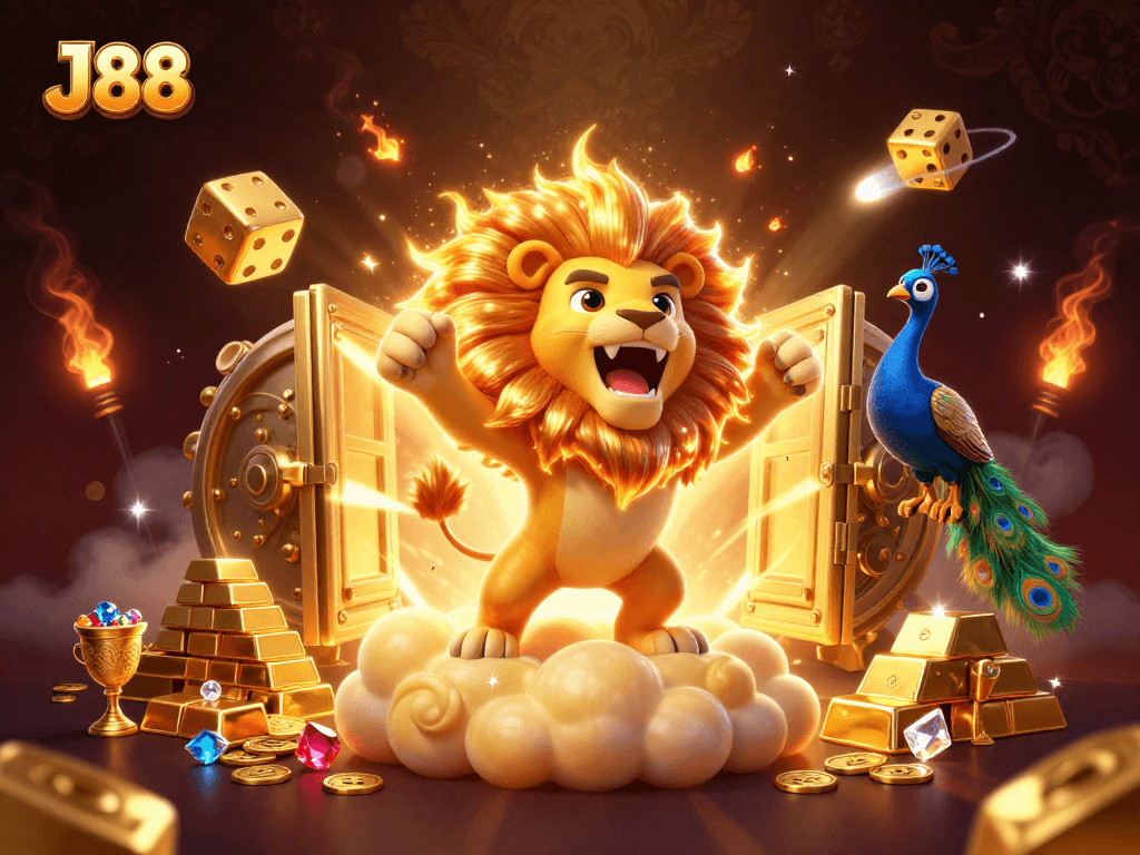 Engage with J88's vibrant casino ecosystem featuring golden elements and a triumphant lion illustration.