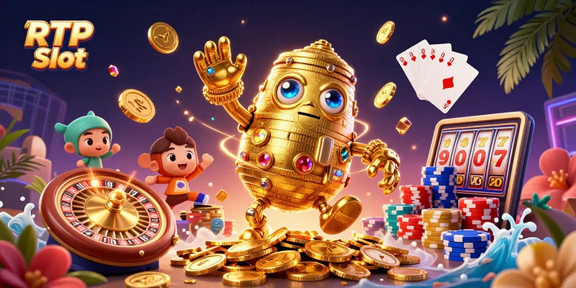 Experience thrilling gameplay with RTP Slot, featuring vibrant 3D illustrations of slots and casino elements.