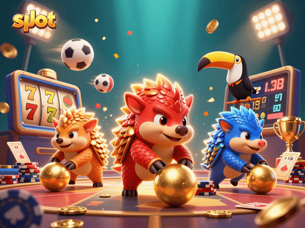 Gulungan slot berputar dengan karakter pangolin bersaing, menampilkan peluang jackpot yang menarik.