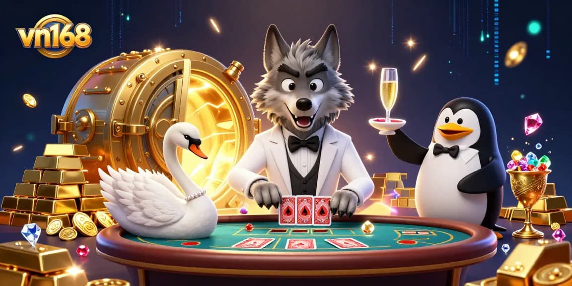 Play exciting games at vn168 with a wolf dealer, swan dealer, and penguin sommelier in a rich casino backdrop.