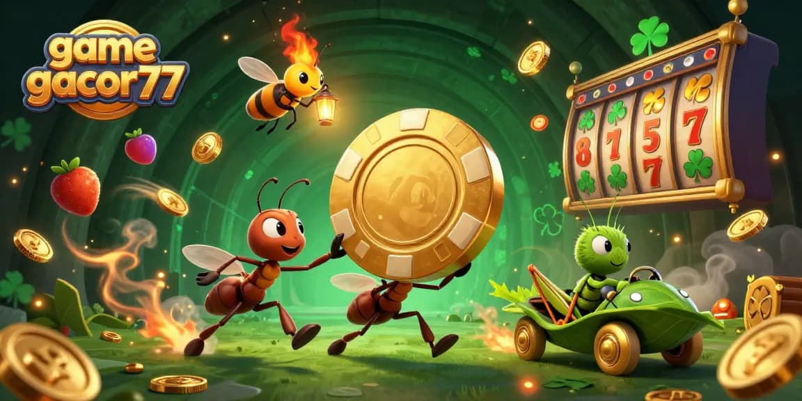 Memenangkan permainan game gacor77 dengan menggoda keberuntungan melalui chip poker emas raksasa yang dibawa oleh semut.