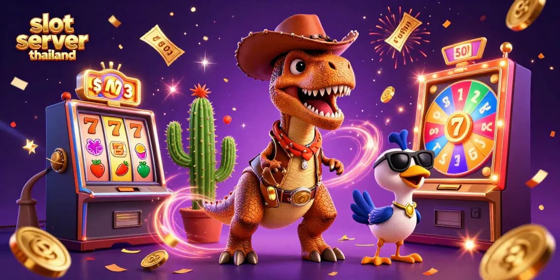 Engaging scene with characters celebrating on a slot server thailand, showcasing vibrant slot items and jackpots.
