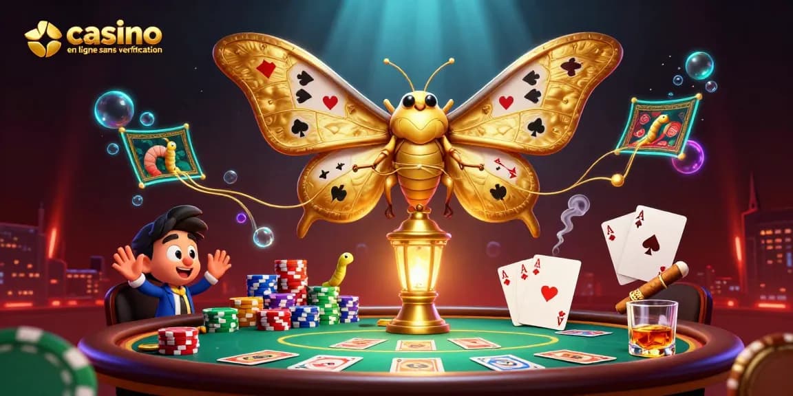 Jouez dans un casino en ligne sans vérification, avec un papillon géant et des éléments de poker animés dans un décor captivant.