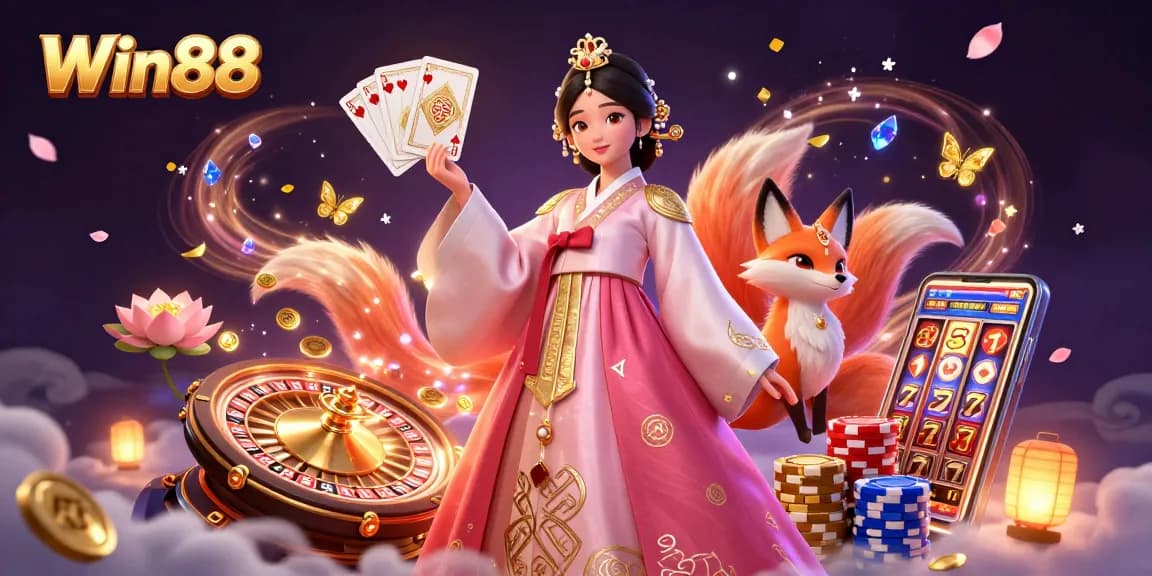 Experience thrilling gameplay with Win88's captivating 3D casino illustration featuring a graceful Asian woman.