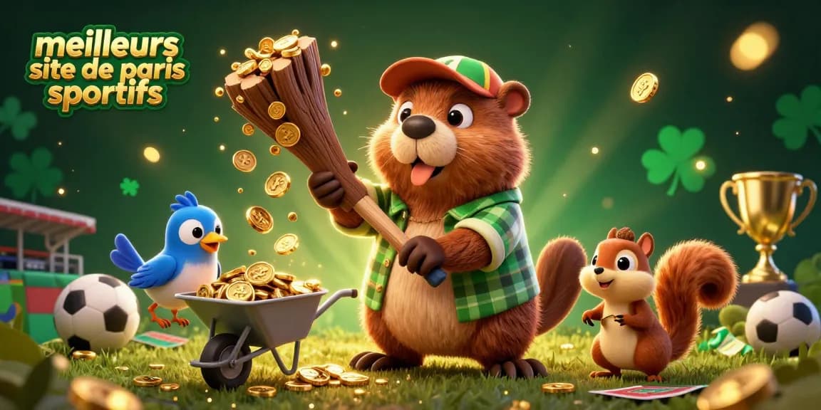 Les meilleurs sites de paris sportifs animés avec des personnages collectant des pièces d'or et des éléments sportifs.