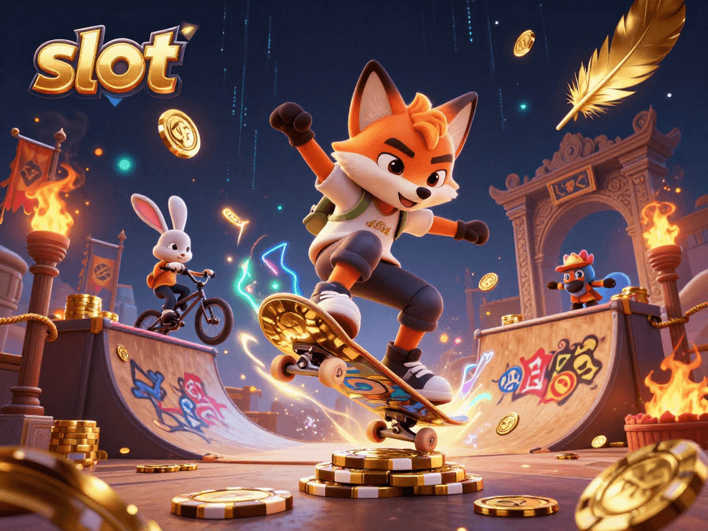Slot seru dengan karakter kartun menggunakan trik, dikelilingi simbol kasino dan koin emas