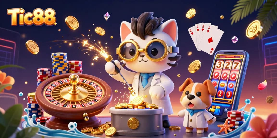 Experience casino thrills with Tic88's playful characters illustrating dynamic gaming action and excitement.