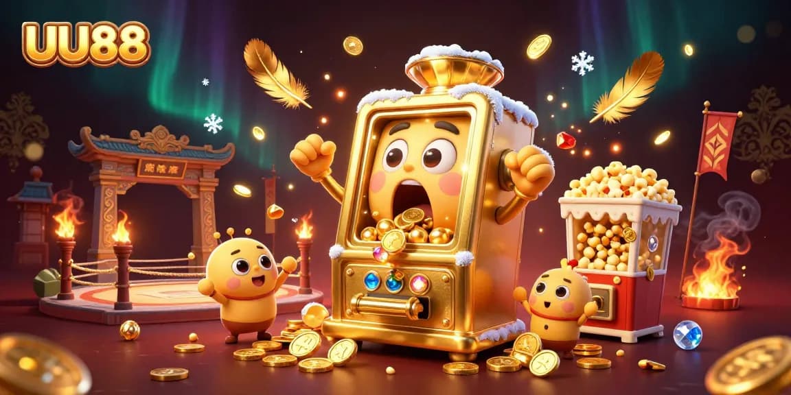 Experience the excitement of UU88's jackpot with a vibrant 3D casino scene featuring a golden slot machine.