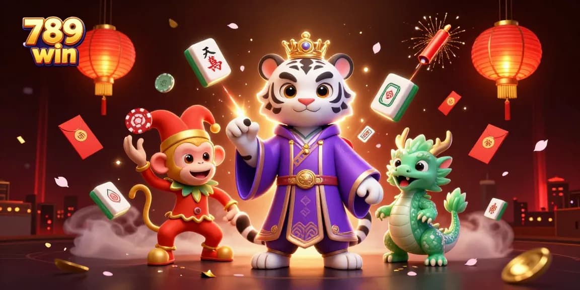 Celebrate big wins with the dynamic 789 win characters in a vibrant casino scene filled with gaming elements.