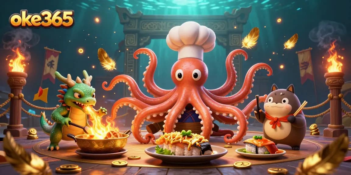 Experience the thrill of gambling with oke365 in this vibrant 3D casino illustration featuring a chef octopus and dragon.
