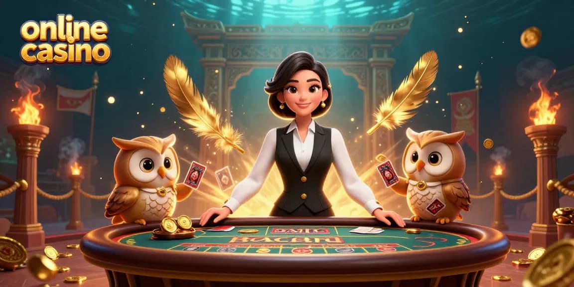 Engage with an online casino featuring a smiling dealer and owl assistant amidst dynamic gaming elements.
