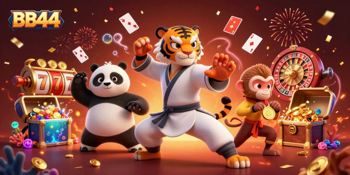 BB44 gaming scene featuring cartoon characters and vibrant casino elements like slot reels and cards