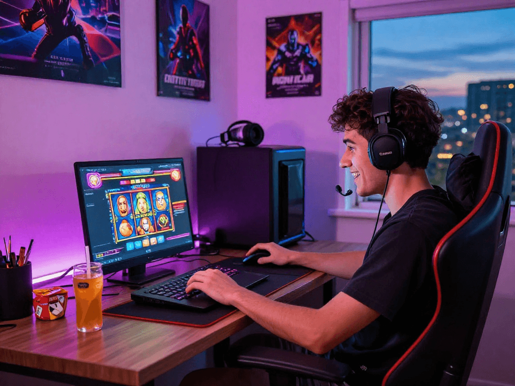 Exciting slot gacor hari ini gaming scene with player at stylish setup.