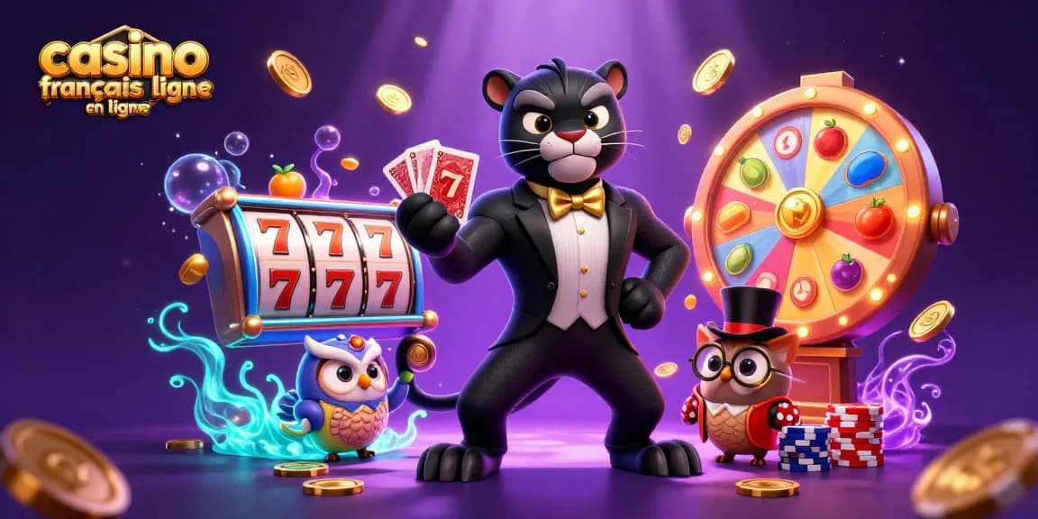 Une joyeuse scène de casino français en ligne avec une panthère élégante distribuant des cartes, des machines à sous et des jetons en arrière-plan.