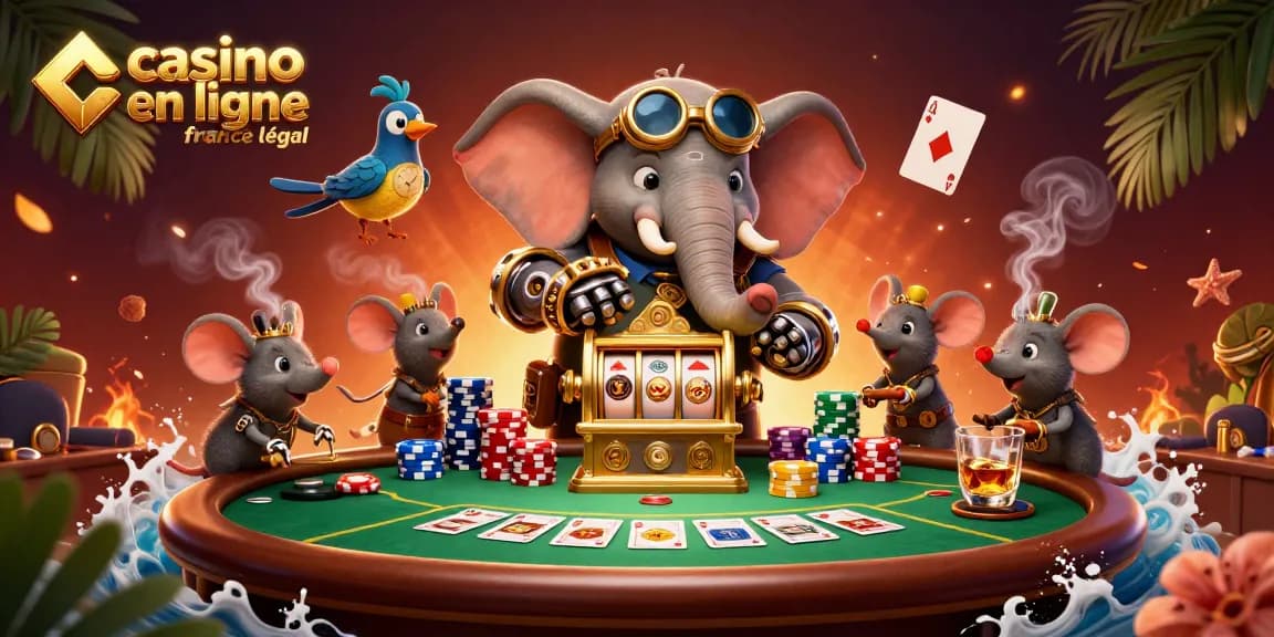 Illustration du casino en ligne France légal avec un éléphant steampunk, machine à sous et poker.