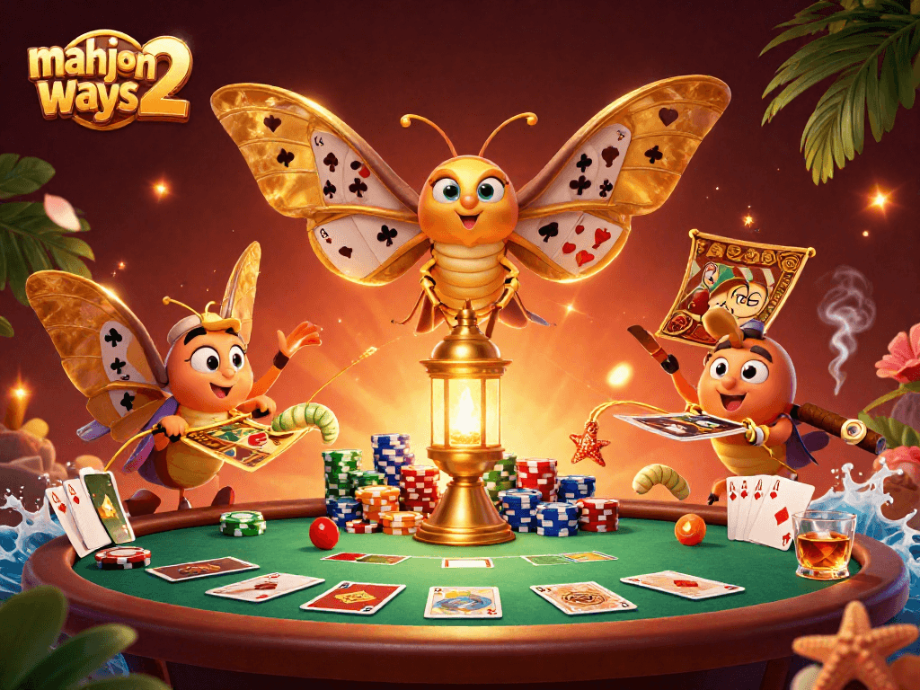 Experience mahjong ways 2 with vibrant casino-themed illustration featuring an atlas moth and poker elements.