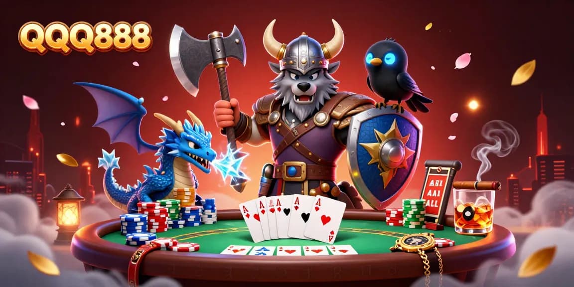 Experience the excitement of QQQ888 with a vibrant scene of a Viking wolf warrior and dragon at a poker table.