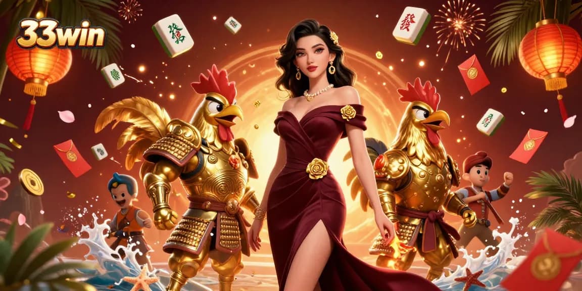 33win offers a vibrant gaming atmosphere with a samurai rooster warrior and glamorous characters.