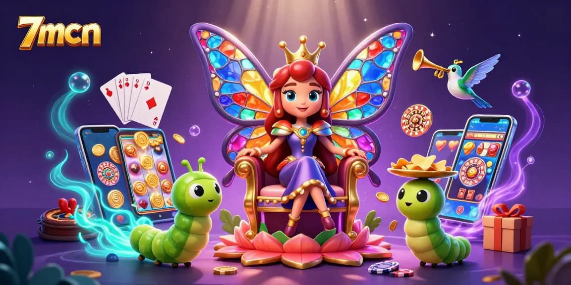 Engage with 7mcn's vibrant casino world, featuring colorful slot games and a whimsical butterfly queen.