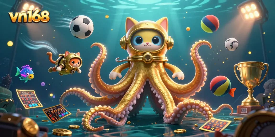 Engage with vn168's exciting underwater treasure gambling scene featuring a kraken and a diving cat.