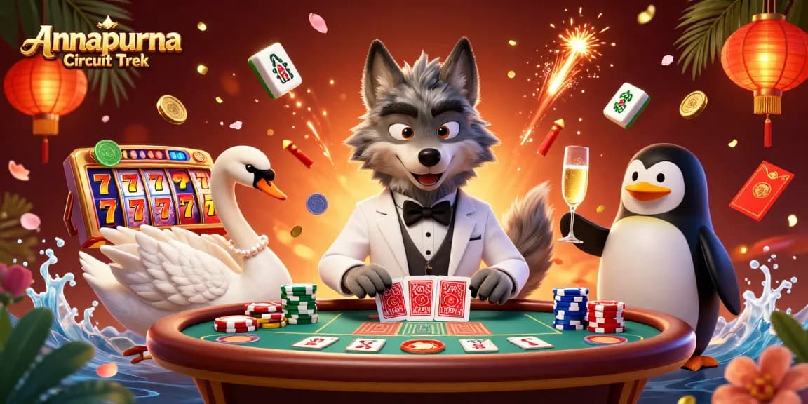Annapurna Circuit Trek showcases a dynamic casino scene with a debonair wolf, elegant swan, and penguin presenting luxury gambling elements.