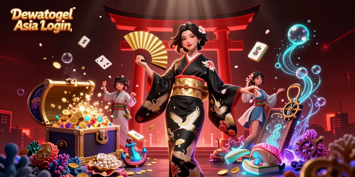 Dewatogel Asia Login showcases enticing game action with an elegant woman surrounded by vibrant gambling elements.