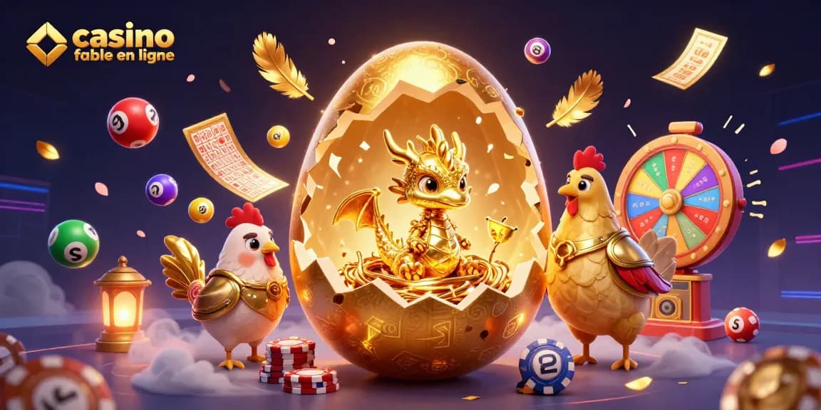 Illustration d'un casino fiable en ligne avec un œuf d'or, un dragon et des jetons.