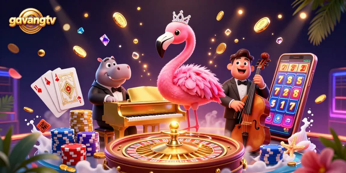 Experience the thrilling world of gavangtv with a vibrant 3D gaming scene featuring dynamic characters and casino elements.