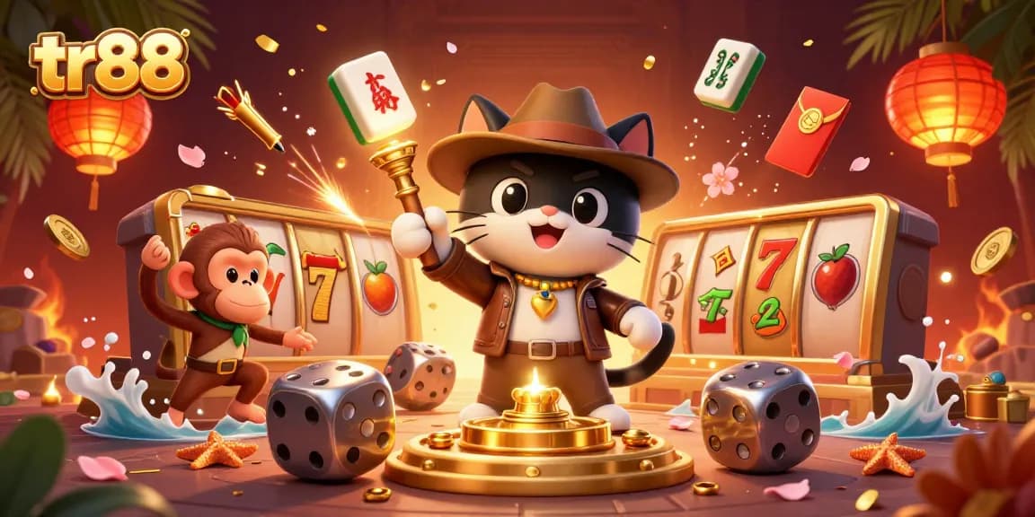 Join the adventure at tr88 as a cat explorer uncovers golden casino artifacts amidst vibrant elements in a thrilling scene.