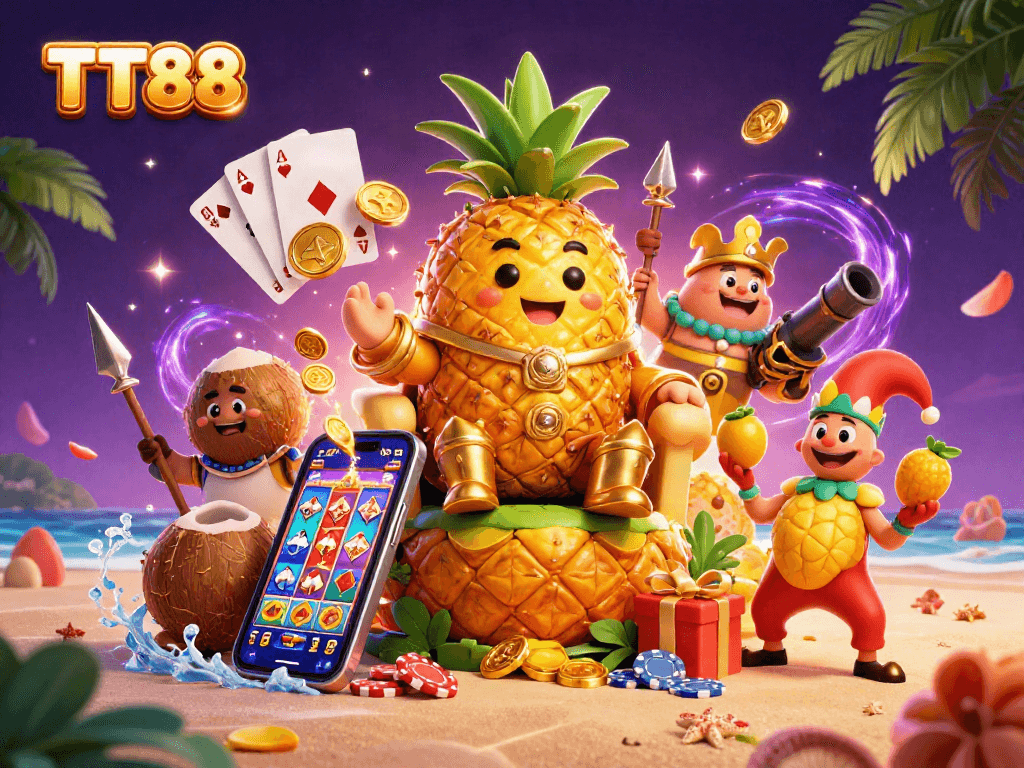 Experience the thrill of TT88 with a cartoon pineapple king and casino elements bursting with energy.
