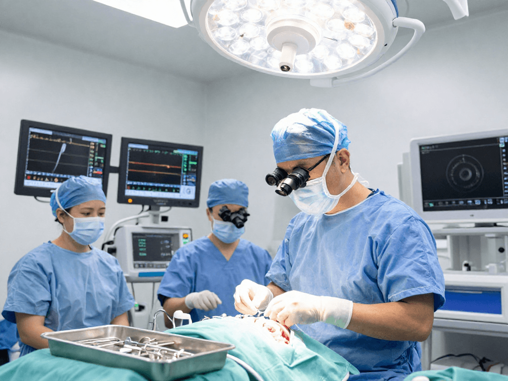 Beyin tümörü ameliyatı scene showcasing a neurosurgeon and medical staff in a high-tech surgical environment performing a procedure with advanced equipment.