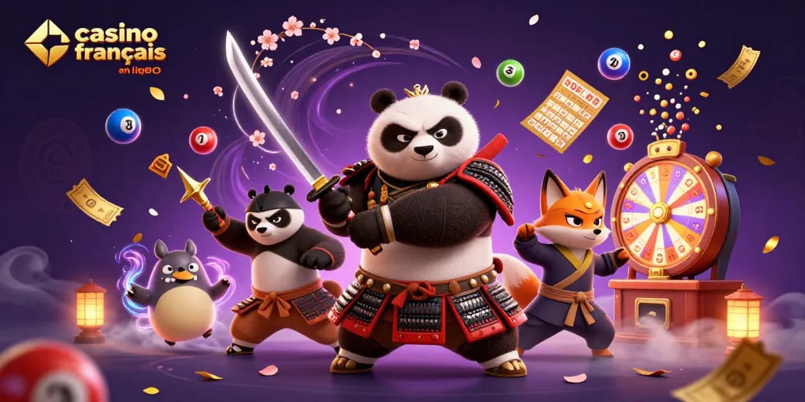 Jouez dans un casino français en ligne avec un panda samouraï, un renard ninja et des éléments de jeu en explosion.