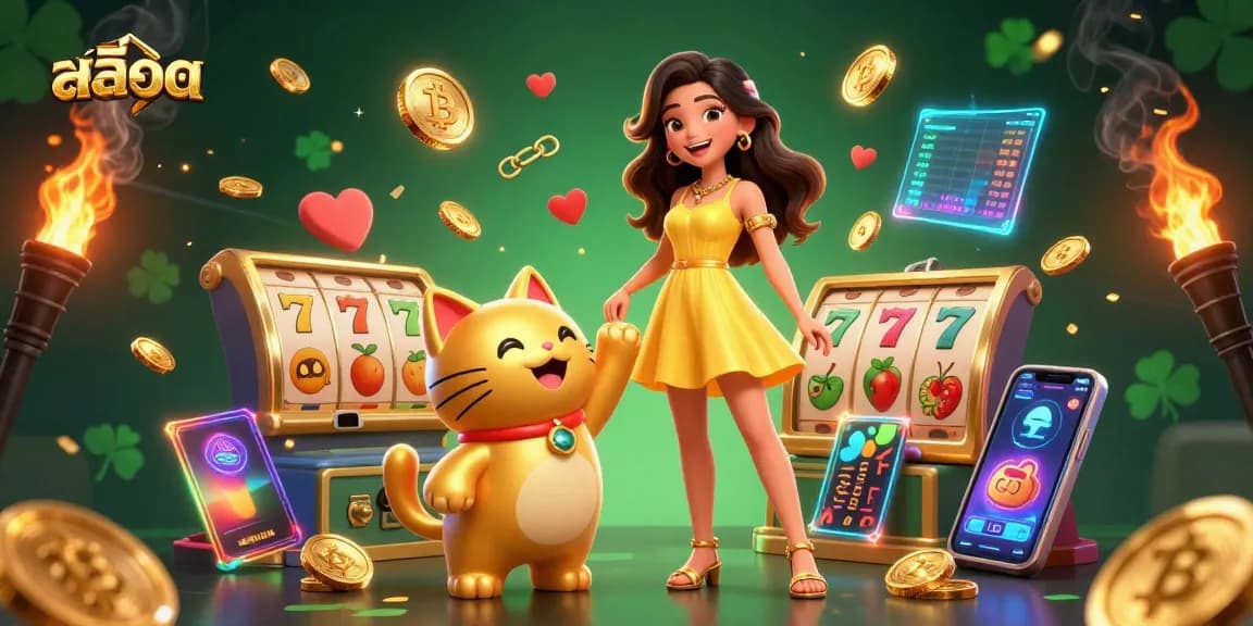 Play exciting สล็อต games with a cheerful lady and a lucky cat mascot amidst vibrant 3D elements.