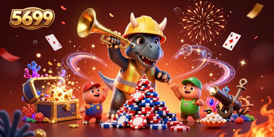 Engage with the vibrant casino scene at 5699, showcasing festive triceratops and exciting poker action.