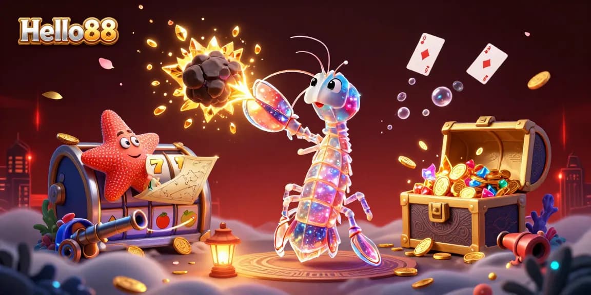 Hello88 showcases exhilarating gameplay with cartoon characters battling for treasures in an engaging casino scene.